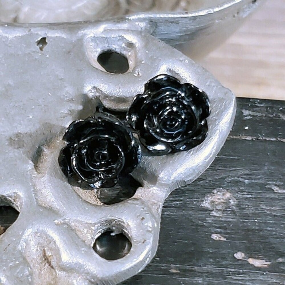 Black Rose Flower 11mm Lucite Acrylic Stud Sustainable Earrings - Picture 2 of 4